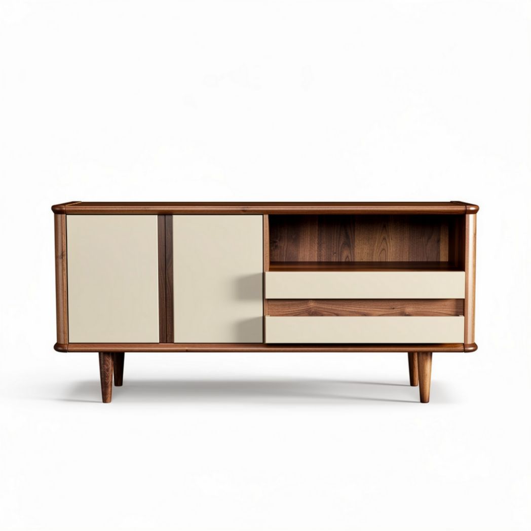 Design kast van hout met beige deuren en lade 150 x 40 x 70cm