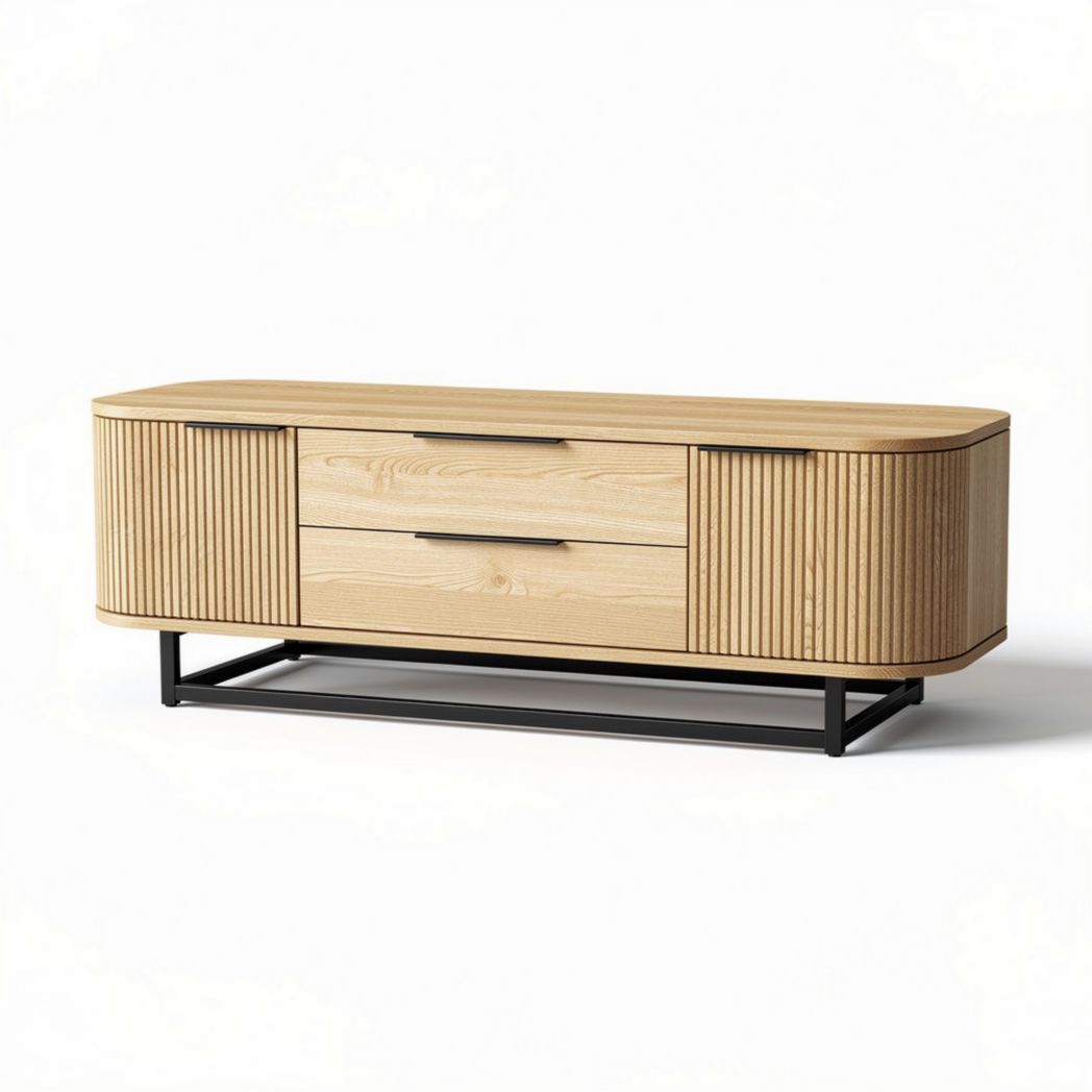 Tv-meubel van eikenhout met 2 lades en metalen onderstel 150 x 40 x 50cm