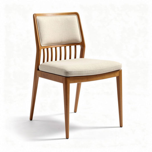 Houten eetkamerstoel met een beige kussen en 45 x 45 x 85cm afmetingen