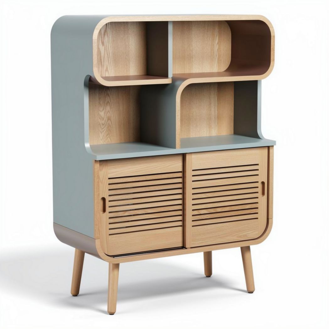 Houten opbergkast met blauwe accenten en open vakken 100 x 80 x 40cm